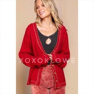 POL Red Button Front Cardigan with Sparkly Gold Trim